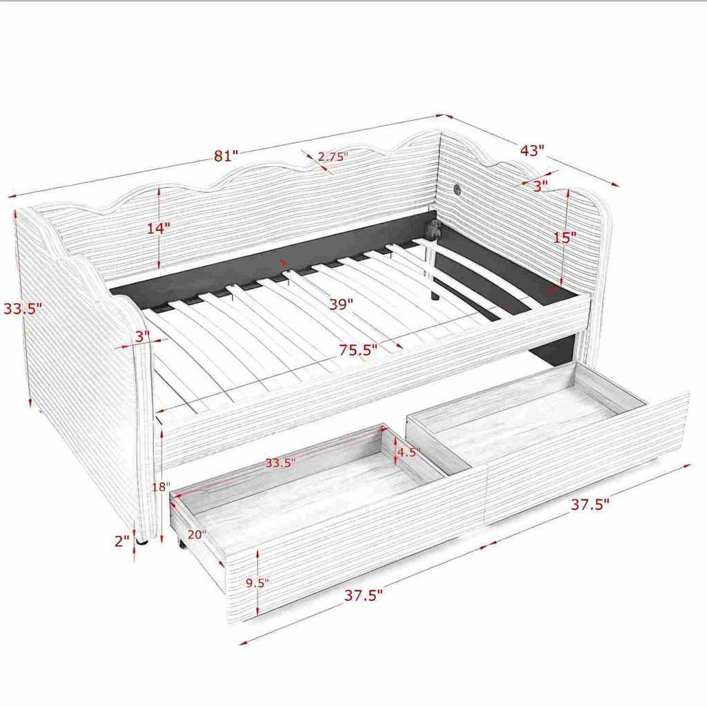 Gingham Daybed with USB Charging Port and Wave-Shaped Design - Multiple Colors