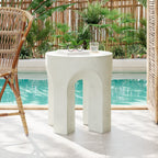 Outdoor Round Top Side Table with Lightweight Concrete Construction - Antique White