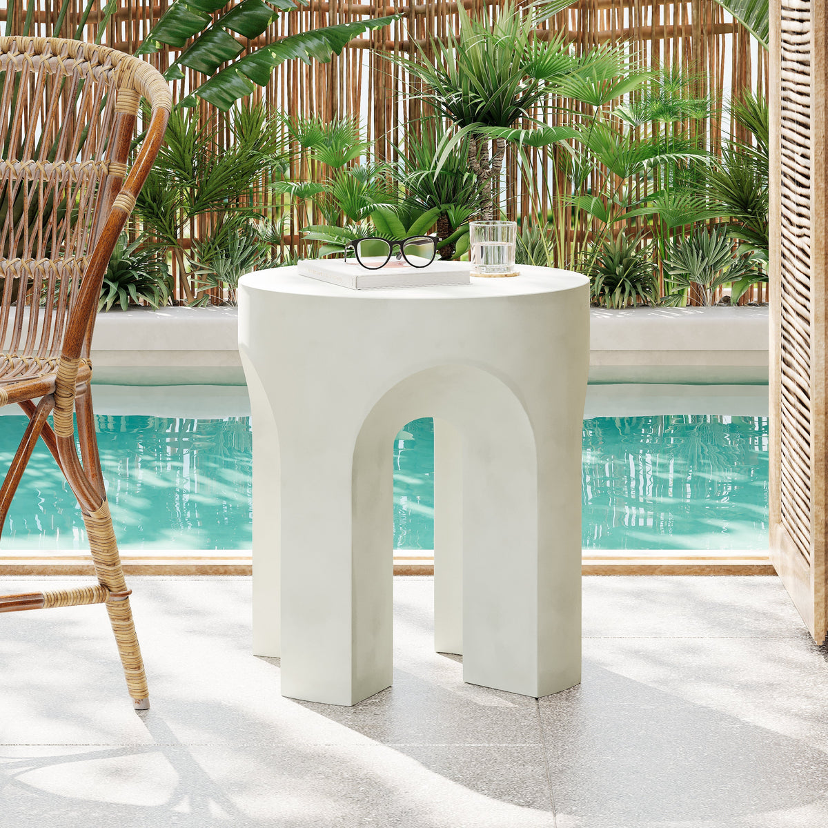 Outdoor Round Top Side Table with Lightweight Concrete Construction - Antique White