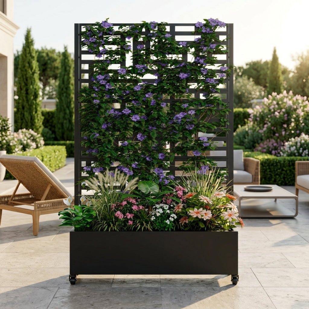 Metal Planter Box with Trellis for Outdoor Gardening - Black