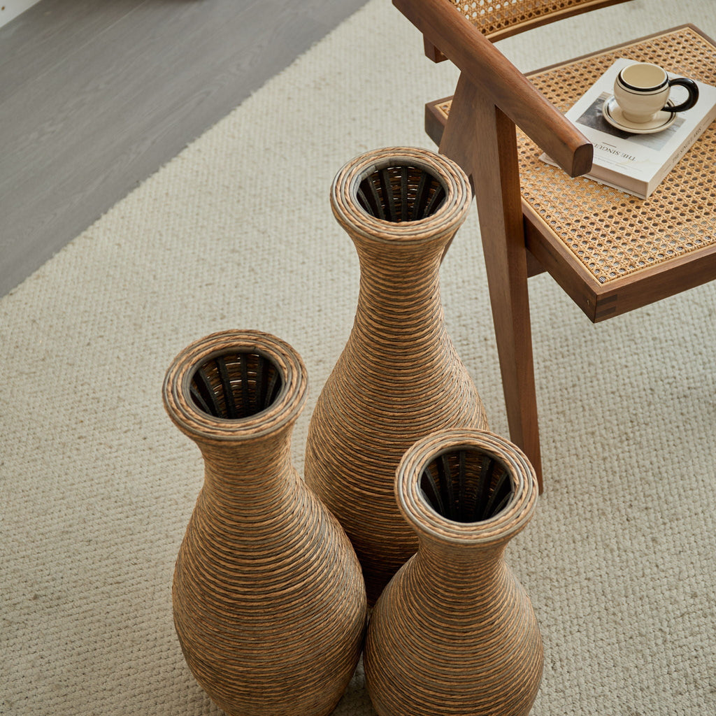 3 Piece Artificial Rattan Floor Vase Set with Modern Artistic Style - Beige