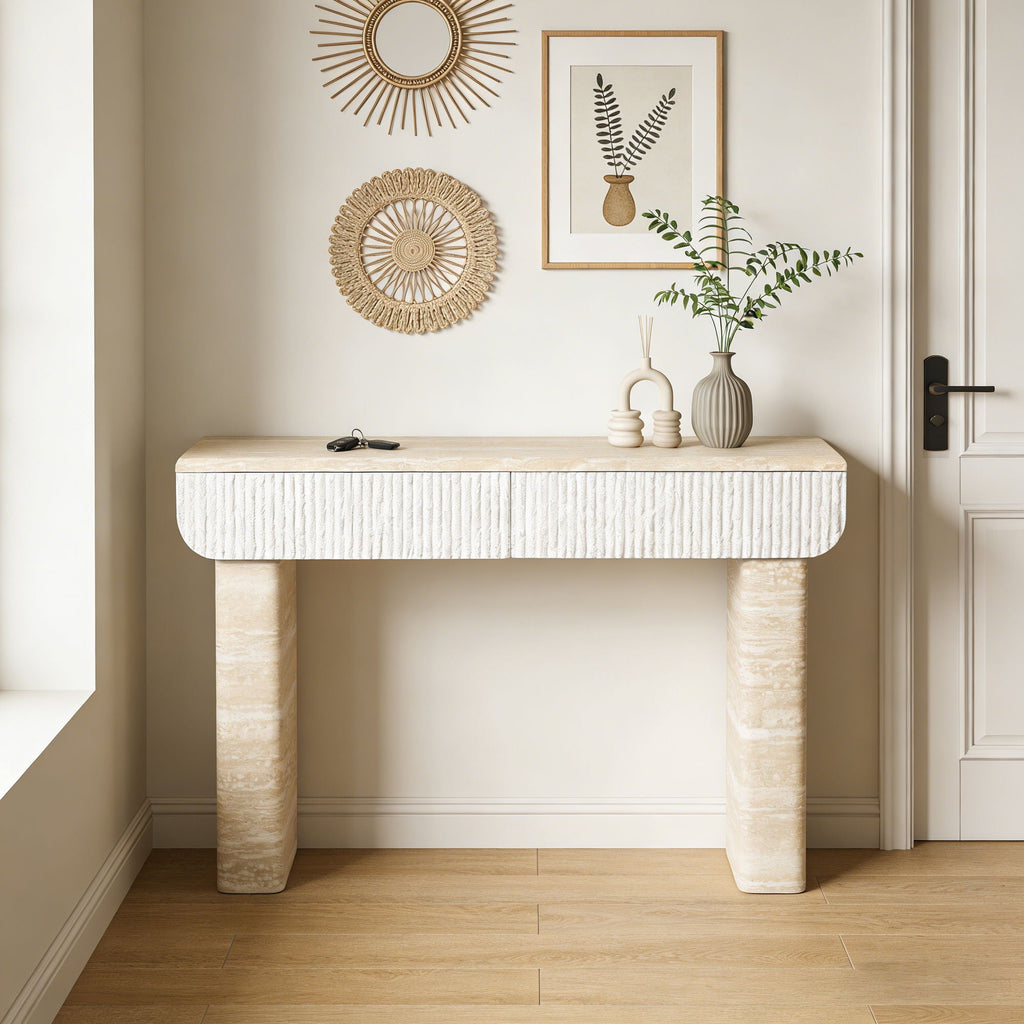 Entryway Table with 2 Hidden Handle Drawers – Beige / Yellow