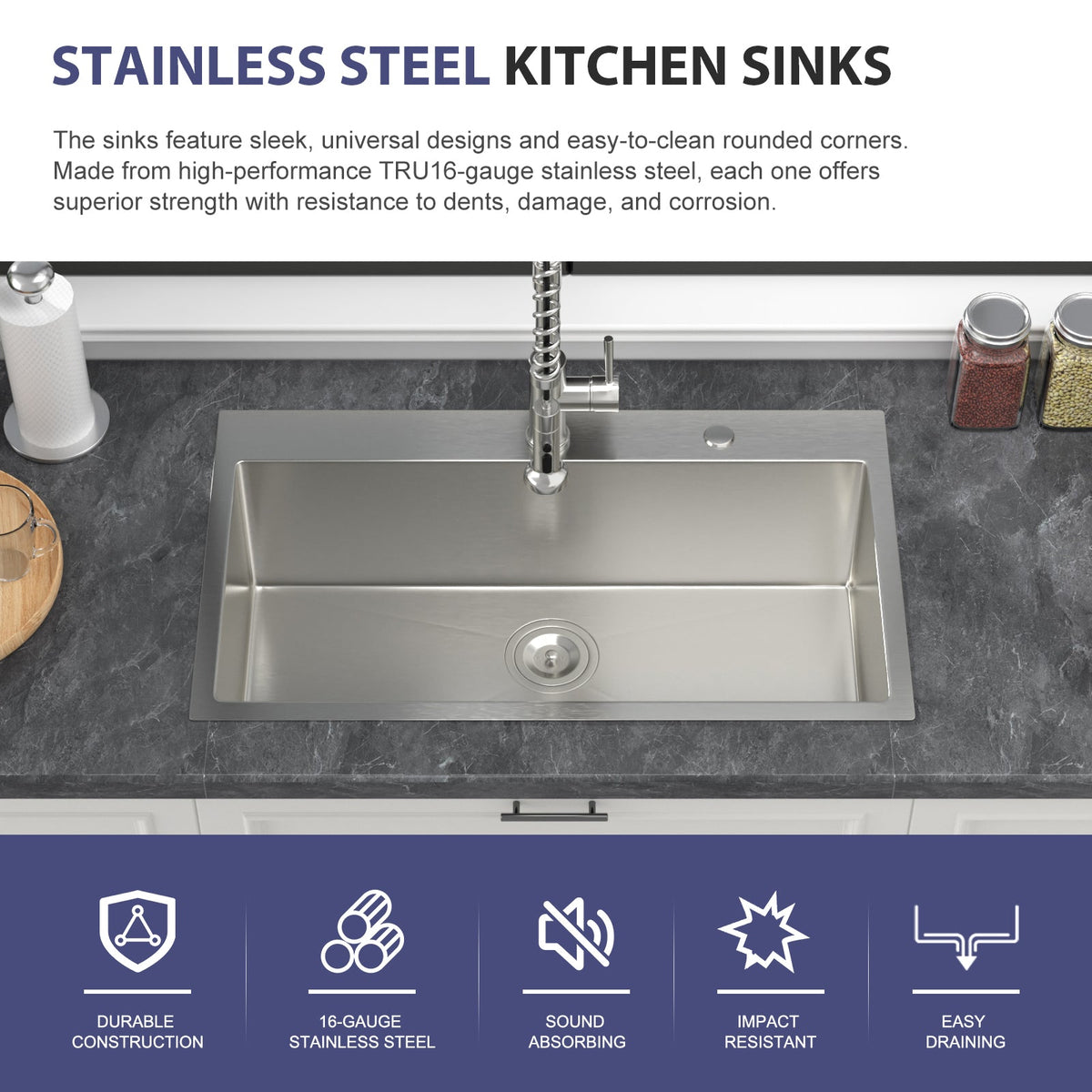 33 Inch Topmount Kitchen Sink with Single Bowl - Stainless Steel