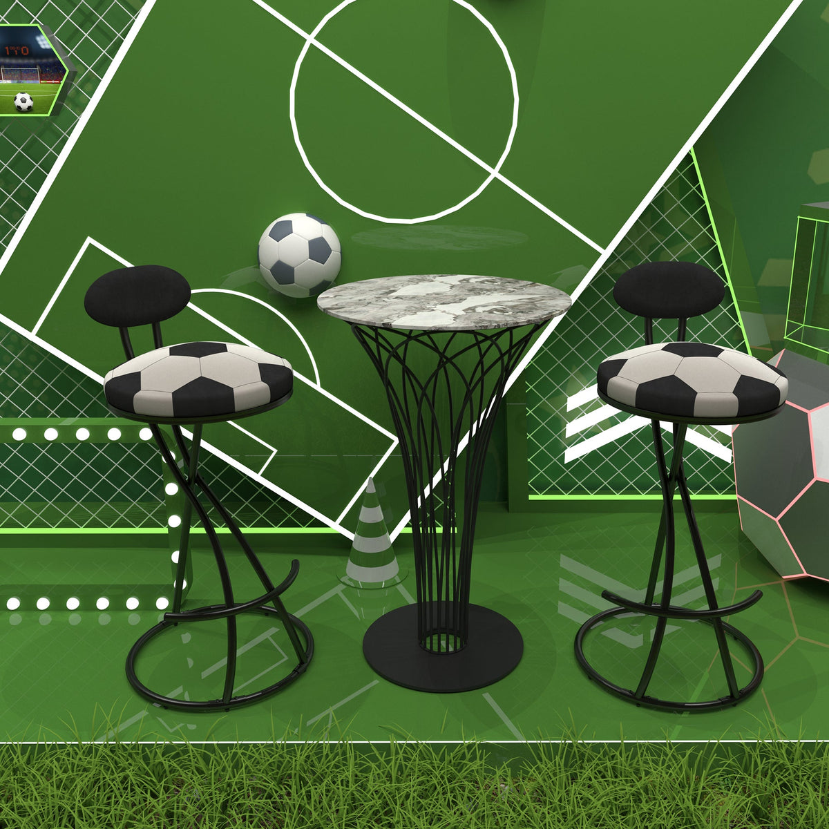 Upholstered S-shaped Barstools Set of 2 with Velvet Football Print - Black