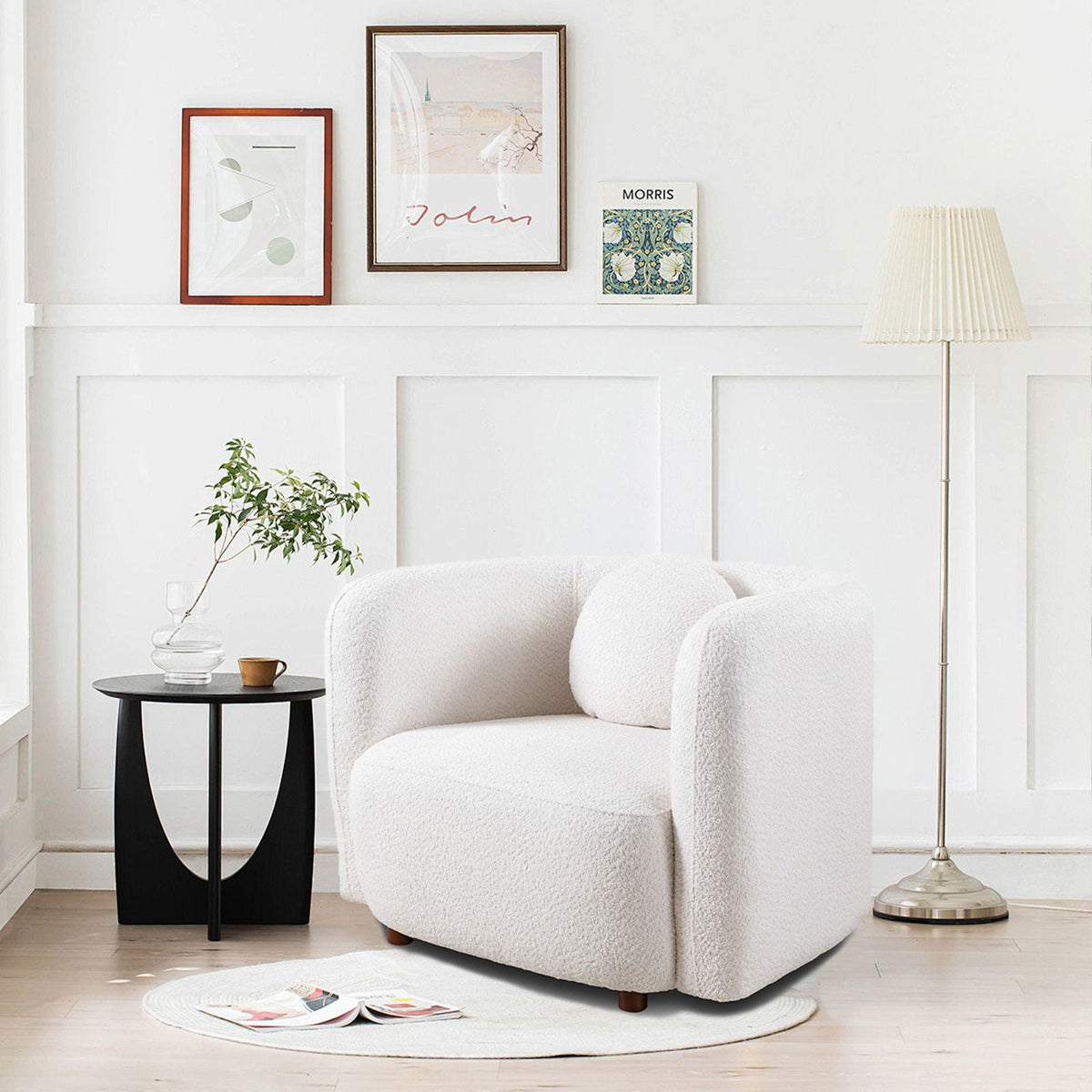 Japandi Style Accent Square Chair with Solid Wood Legs - Beige or White