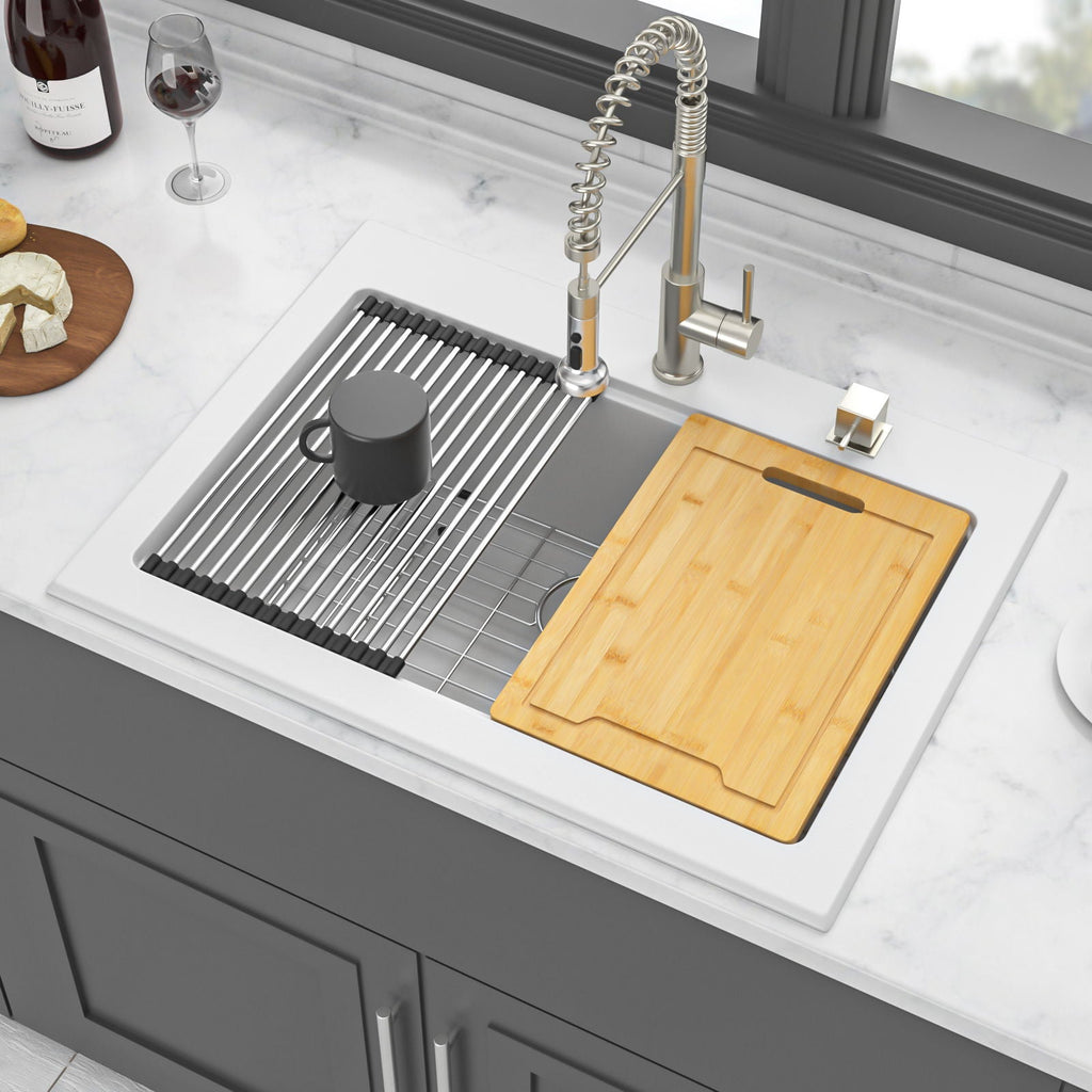Quartz Kitchen Sink 30" x 22" Granite Composite Workstation Drop In - White