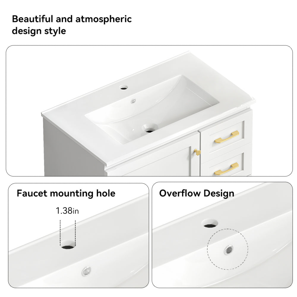30" White Bathroom Vanity with Soft Close Doors and Ample Storage - White