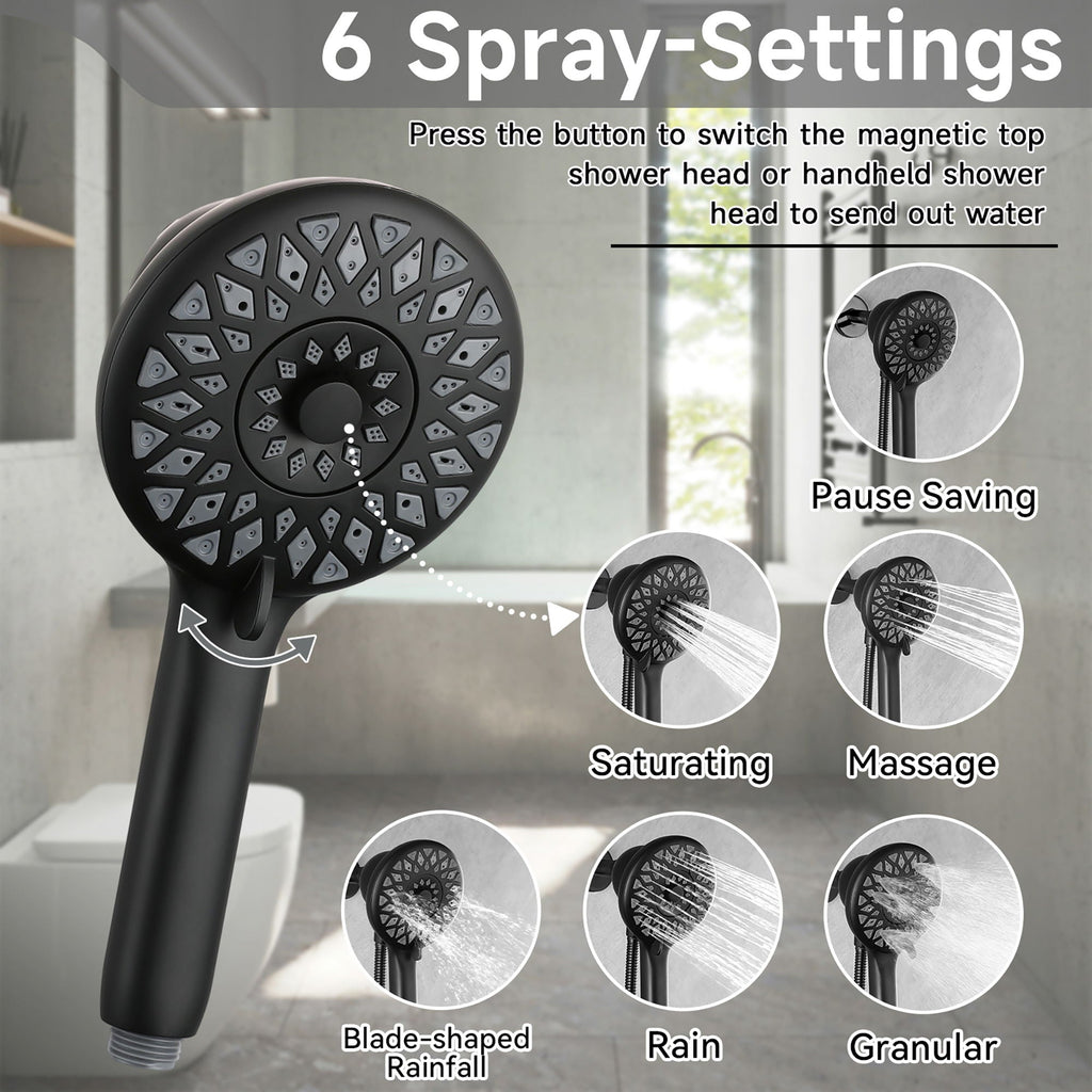 High Pressure Shower Head with 6 Spray Modes - Matte Black
