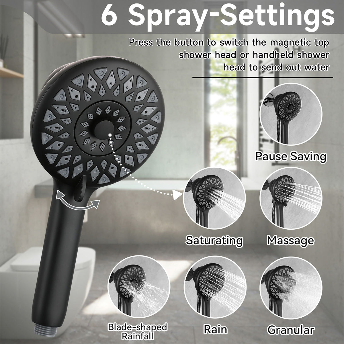 High Pressure Shower Head with 6 Spray Modes - Matte Black