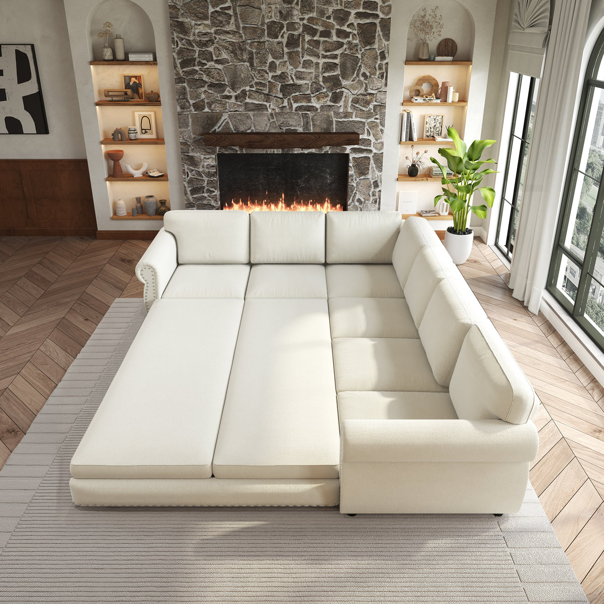 118" L-Shaped Convertible Sofa Bed with Pull-Out Bed - Chenille