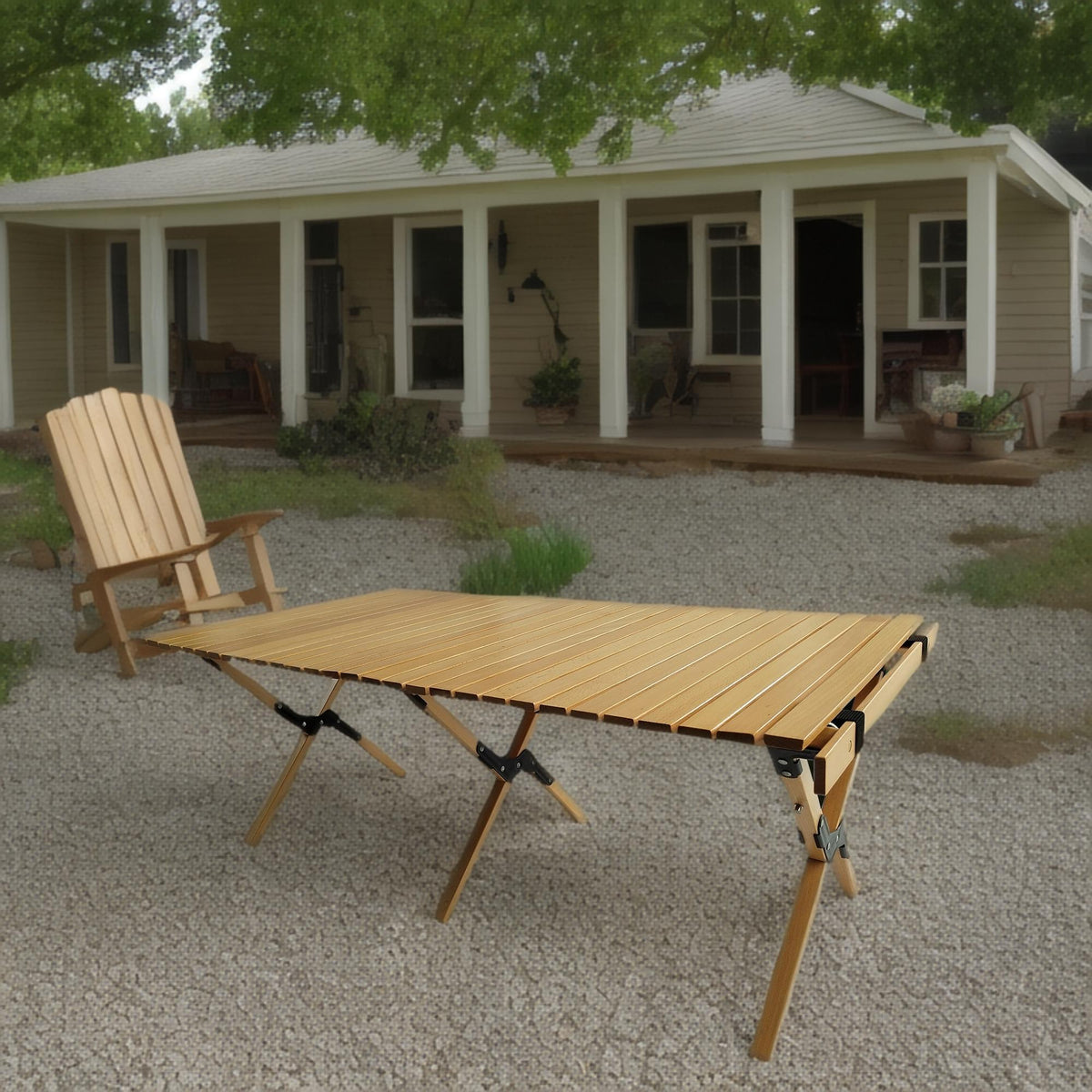 Multi-Function Wooden Foldable Patio Dining Table with Roll-Up Top - Natural