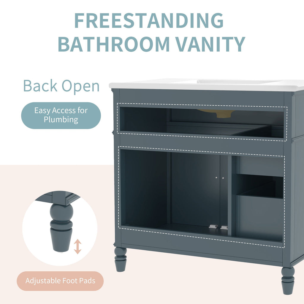 Bathroom Vanity With Sink and Drawers - Freestanding Solid Wood Cabinet