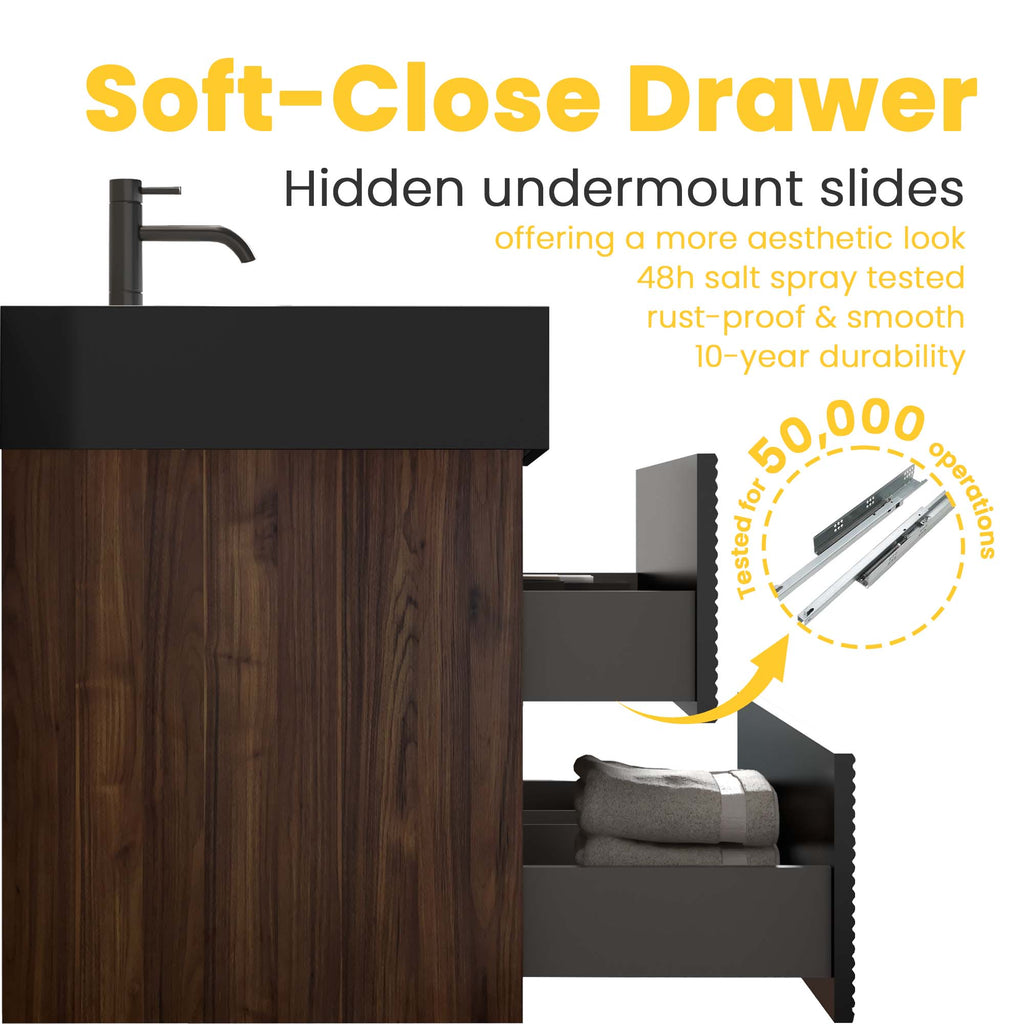 Grace 60" Wall-Mounted Bathroom Vanity with Storage - Walnut & Black Granite