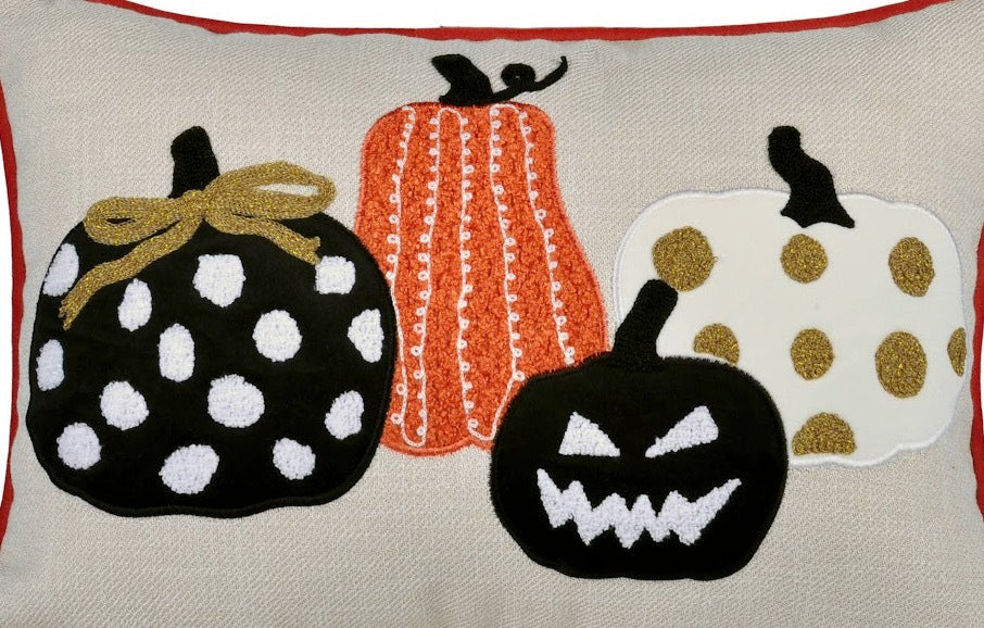 Embroidered Halloween Pumpkin Pillow with Polka Dot Linen – Multicolor