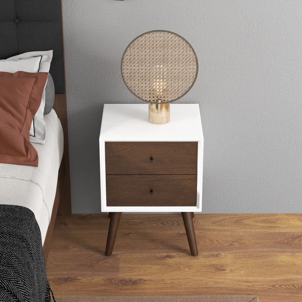 Mid-Century Modern Night Stand with 2 Drawers - Dark Brown or White