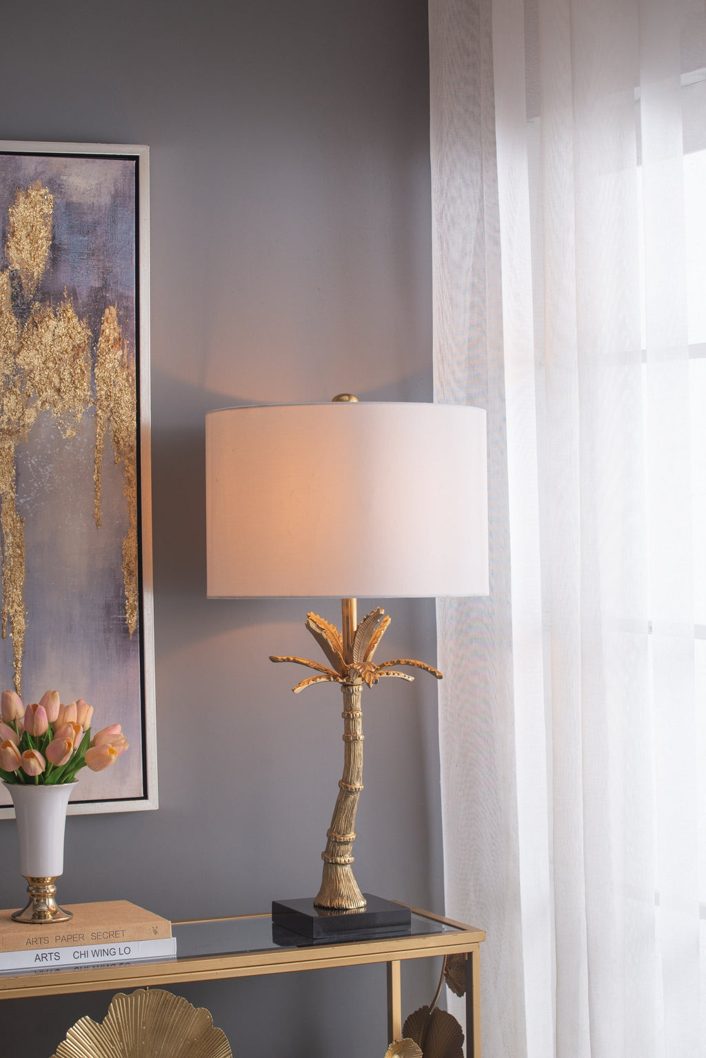 Gold Leaf Table Lamp with Marble Base - Gold