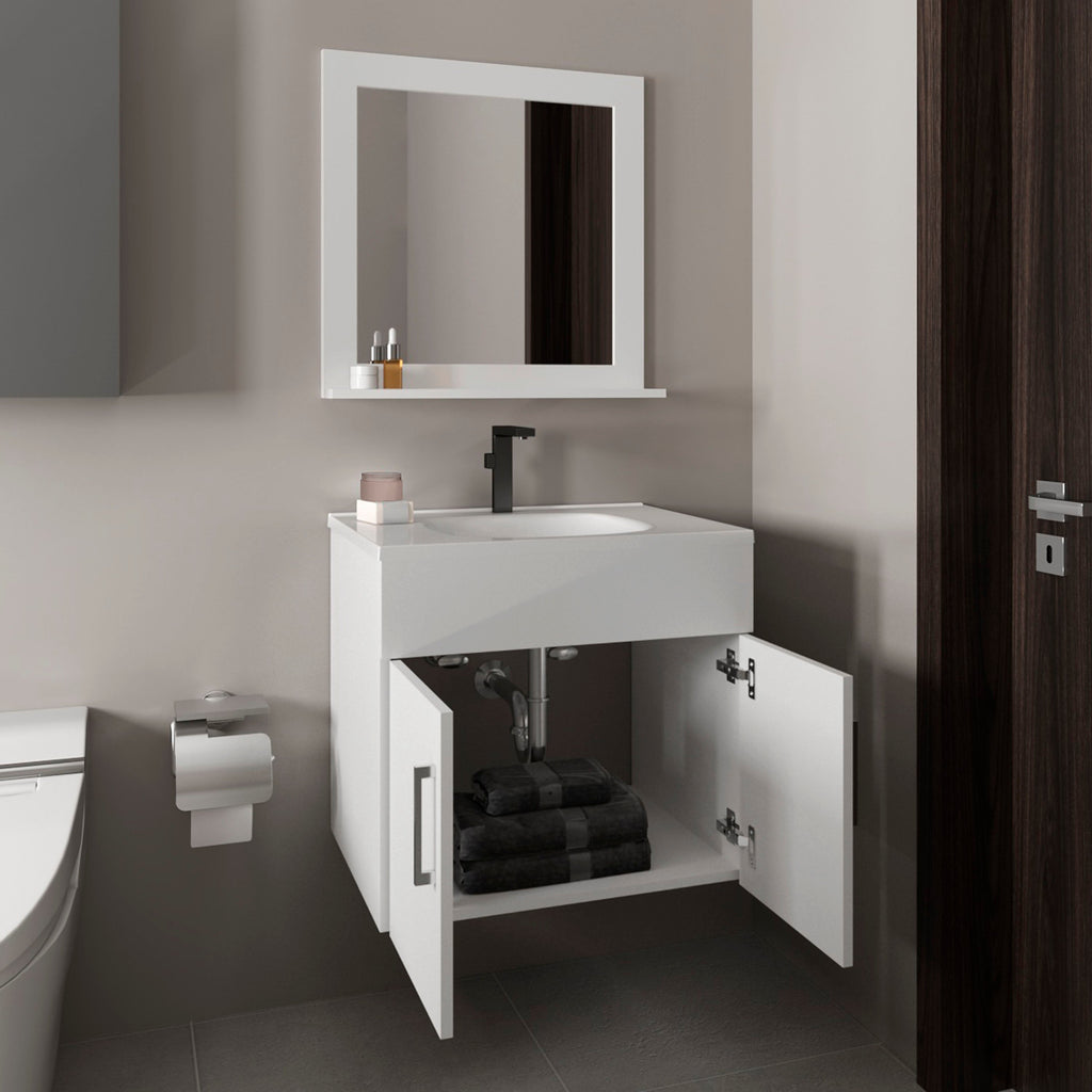 White Bathroom Set Vanity Sink with Mirror - 2 Doors, 1 Shelf
