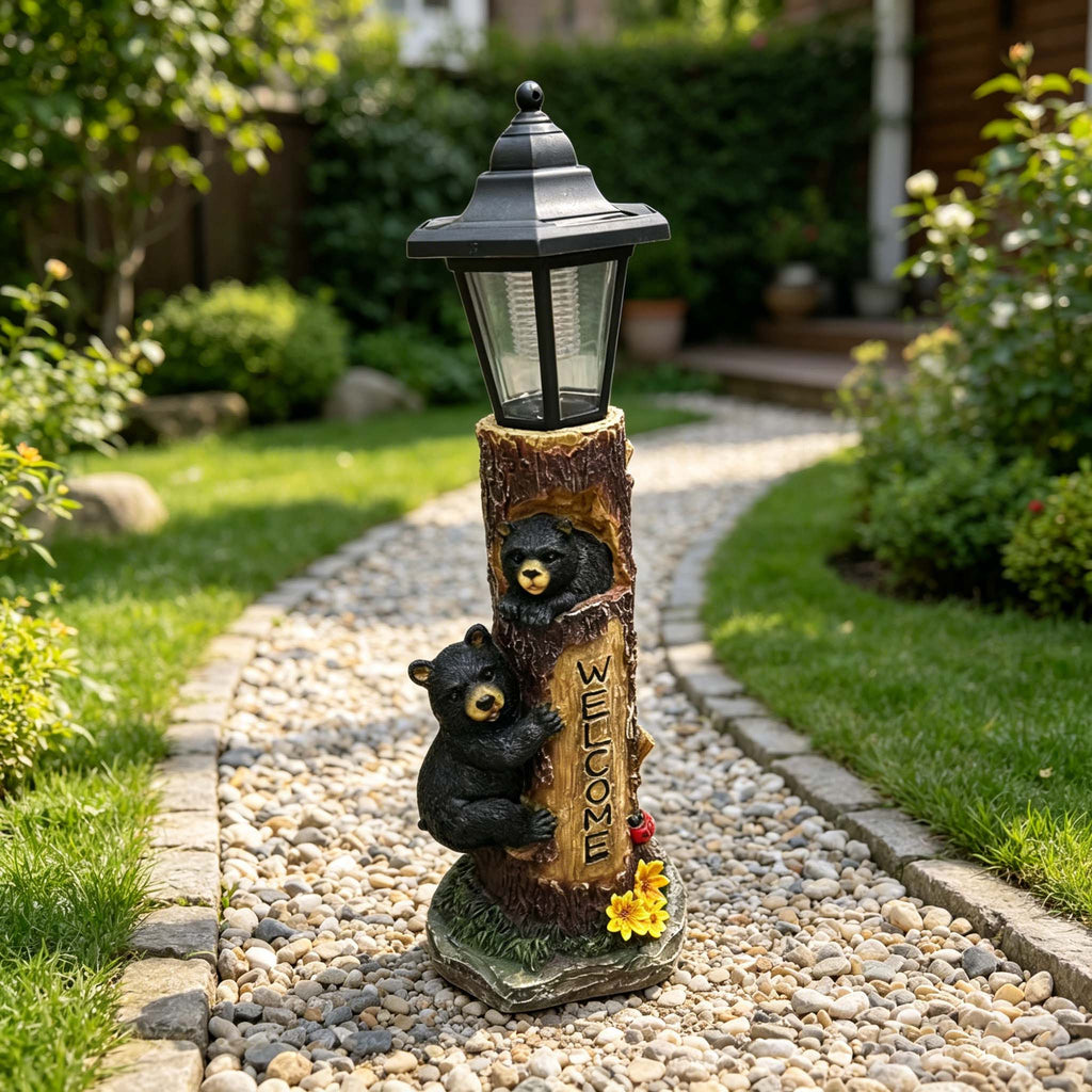 Solar-Powered Bear Welcome Statue with Hand-Painted Welcome Sign - Black