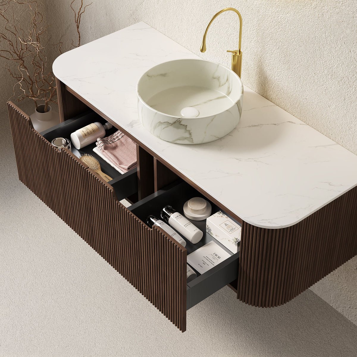 48" Floating Bathroom Vanity with Sintered Stone Top and Sink - Walnut