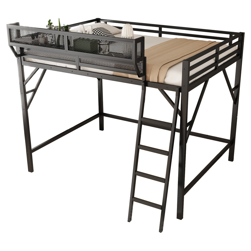 Full Size Loft Bed with Ladder and Storage Shelves - Black Metal