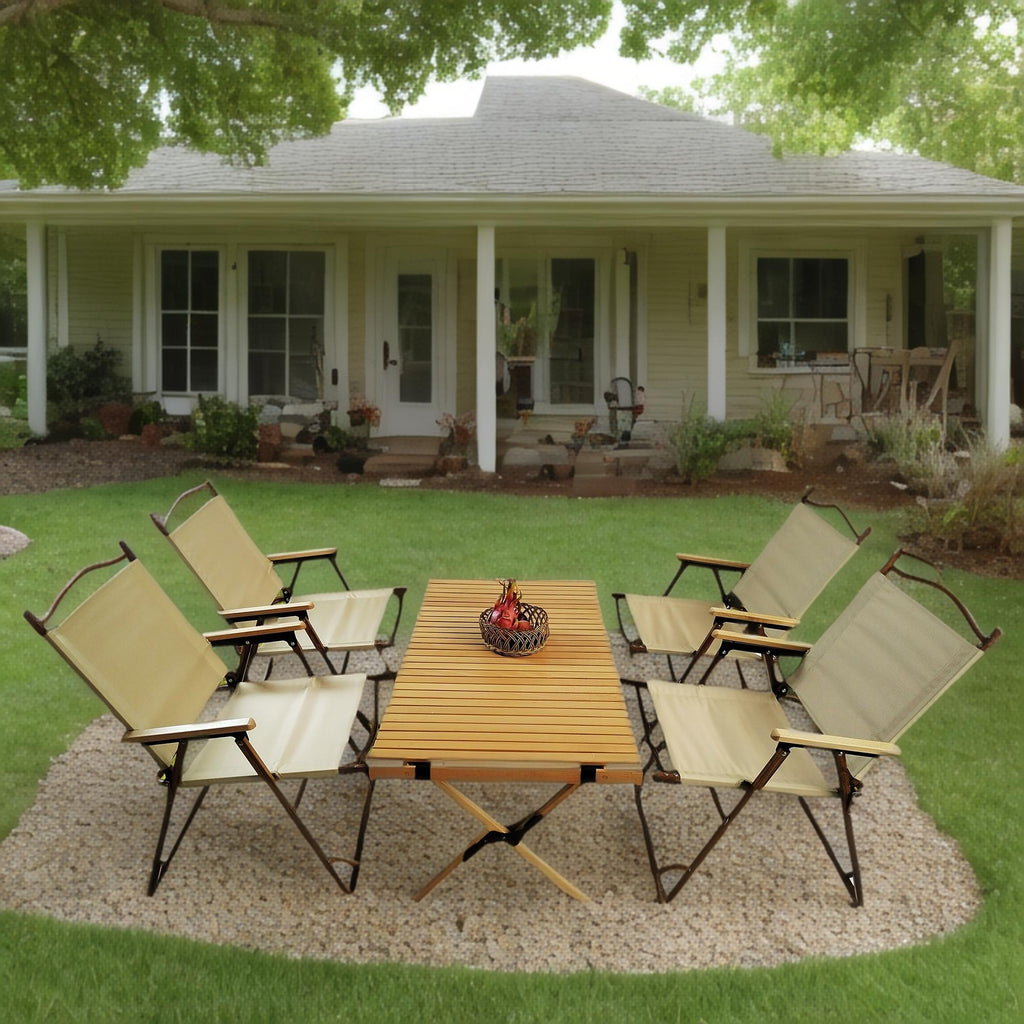 Foldable 5 Piece Outdoor Dining Set with Portable Table & Chairs - Natural