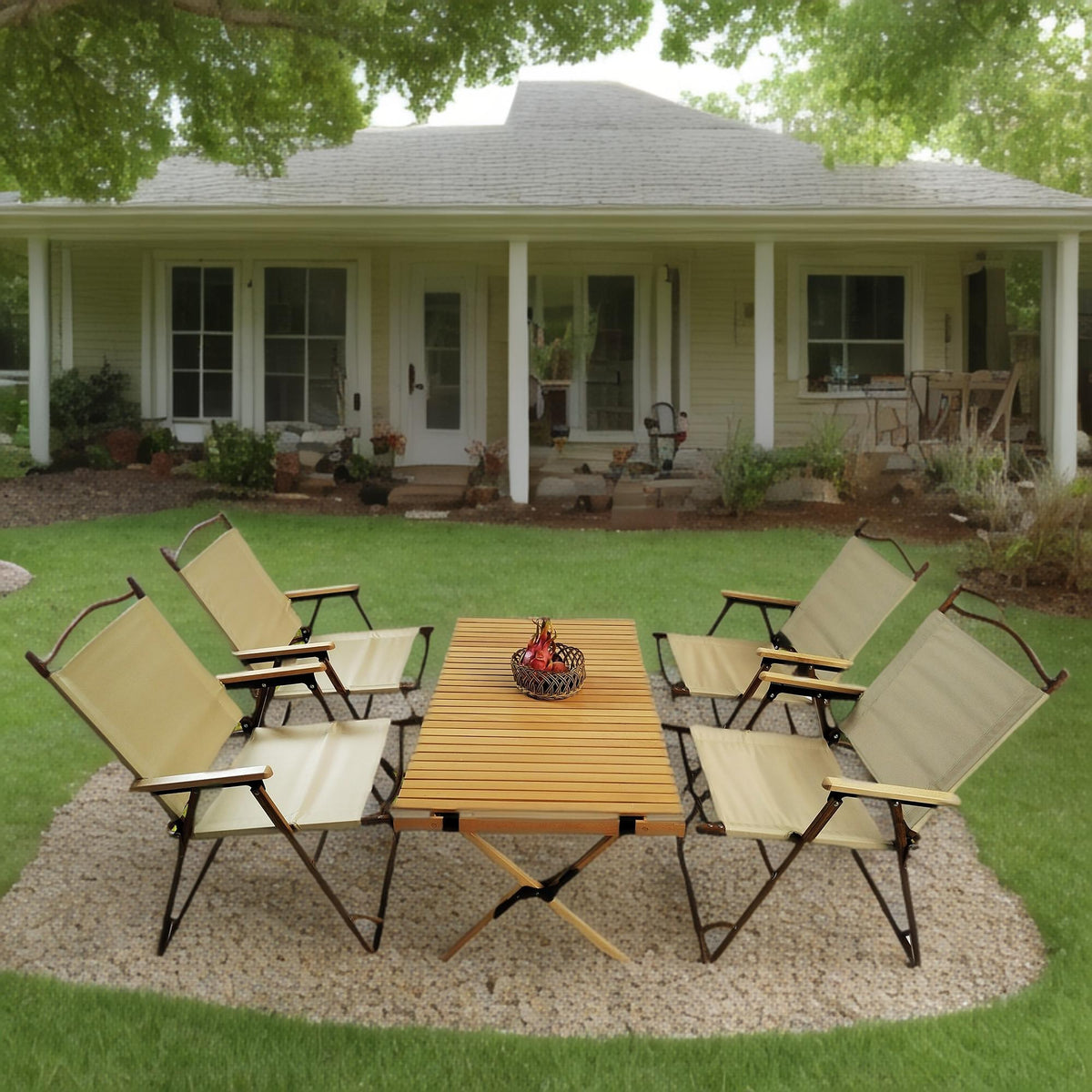 Foldable 5 Piece Outdoor Dining Set with Portable Table & Chairs - Natural