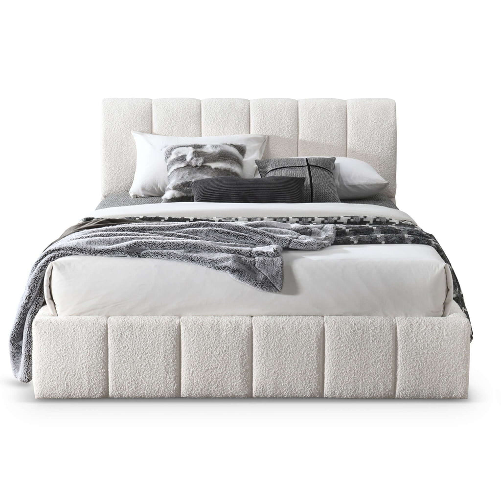 White Upholstered Platform Bed with Hydraulic Storage
