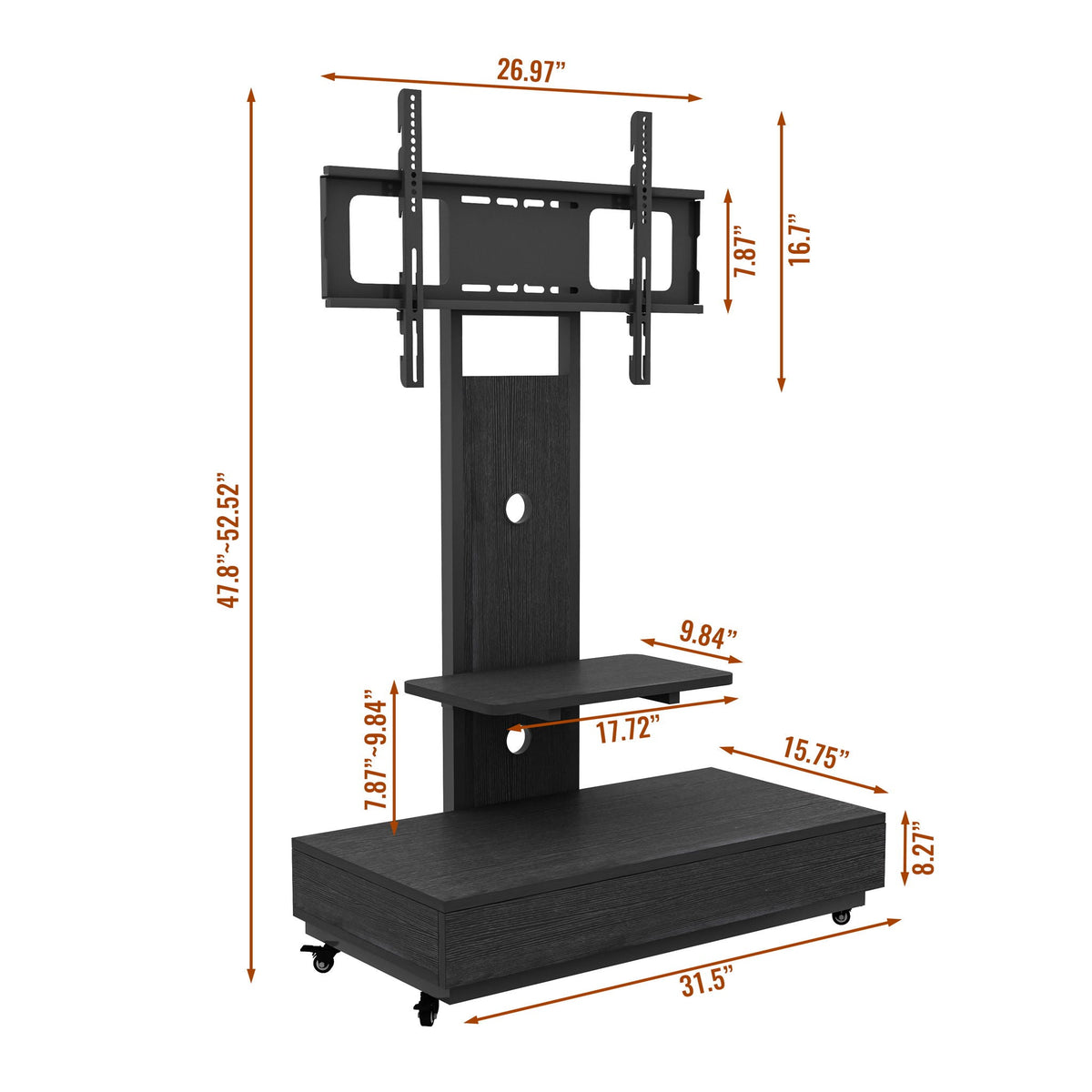 Mobile TV Cart with Push Pull Drawer and Lockable Wheels - Black or Light Brown