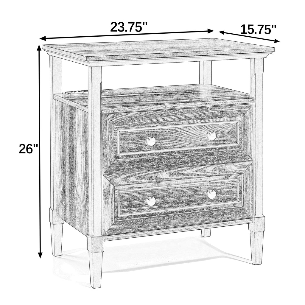Wooden Bedside Nightstand with Open Cubby & 2 Storage Drawers