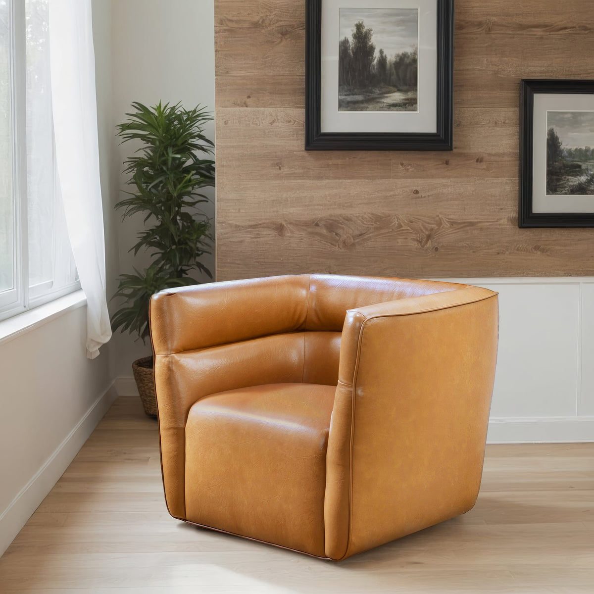 Tan Genuine Leather Swivel Chair with Adjustable Headrest