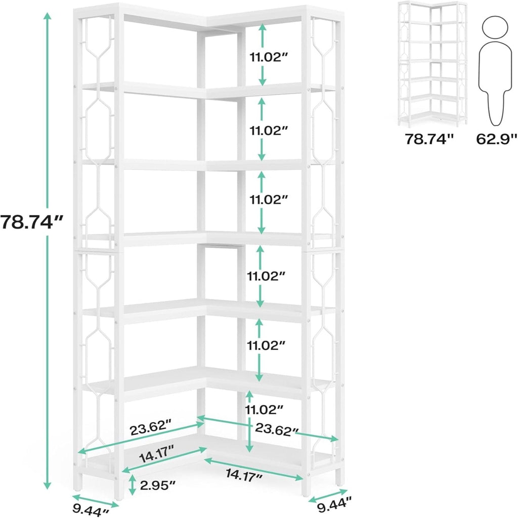7 Tier Corner Bookshelf with Hexagonal Design - Dark Brown, White, Dark Gray