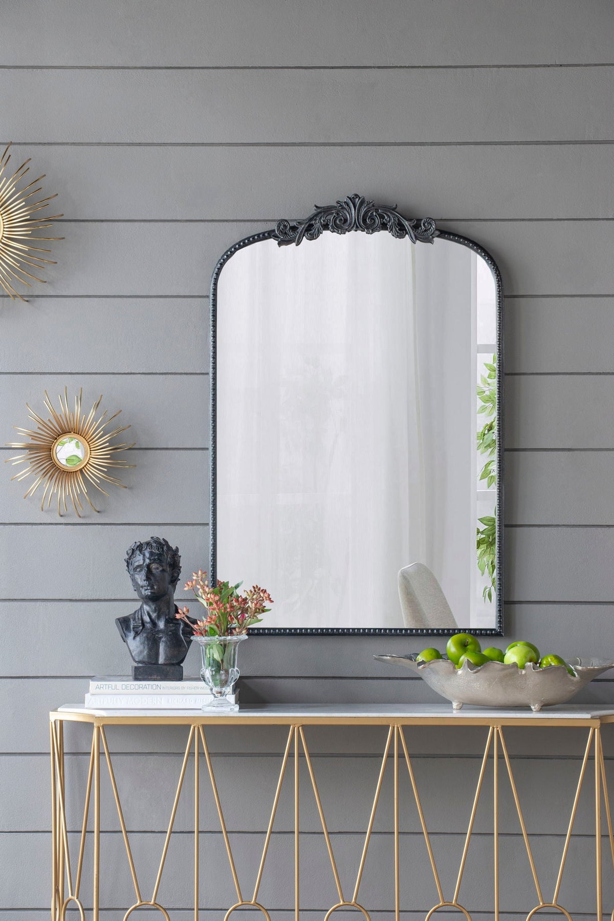 Baroque Inspired Arch Wall Mirror with Ornate Design - Gold or Black