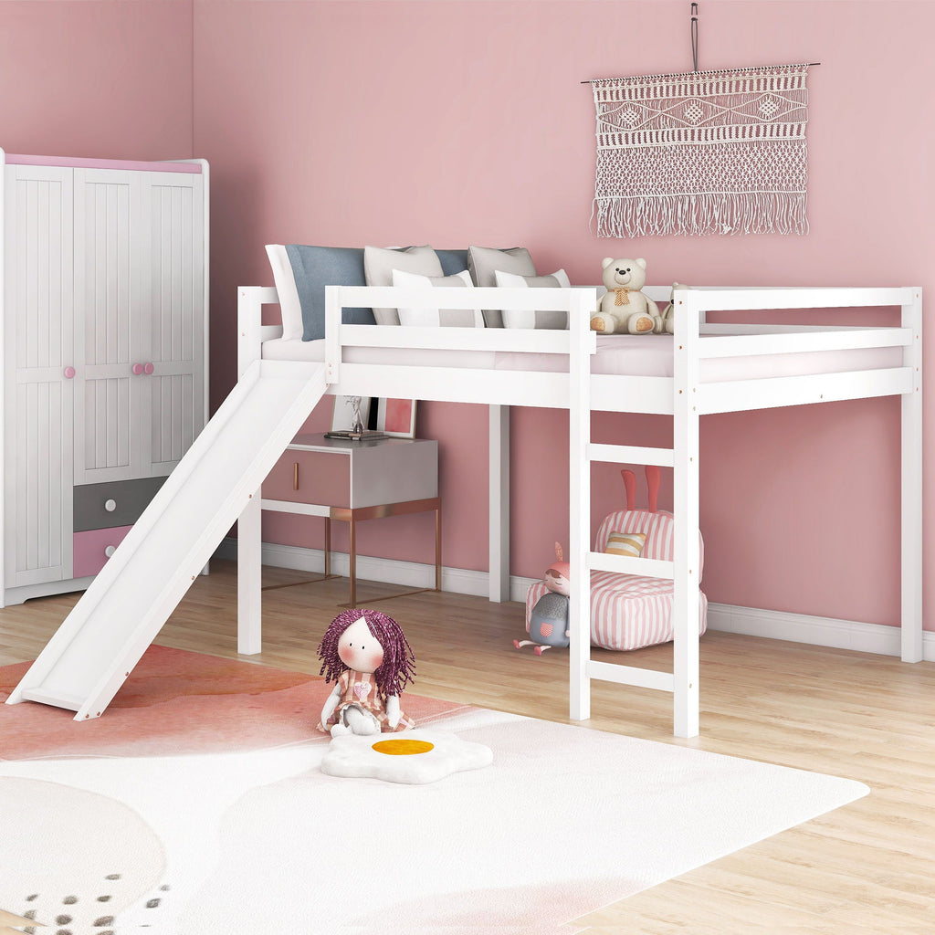 White Full Loft Bed with Slide - Multifunctional Design