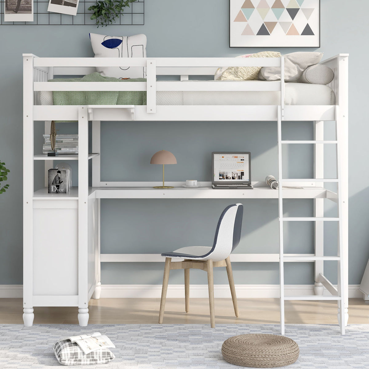 Twin Loft Bed with Drawers and Desk - White
