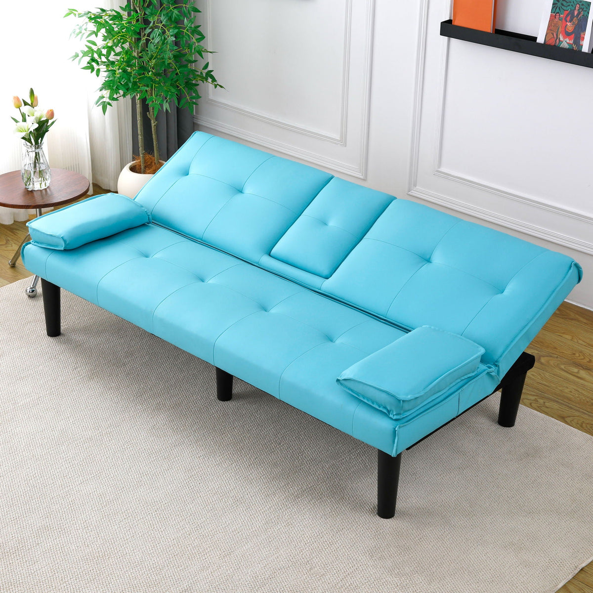 Foldable Sofa Bed with Cup Holder and Solid Wood Frame - Multiple Colors
