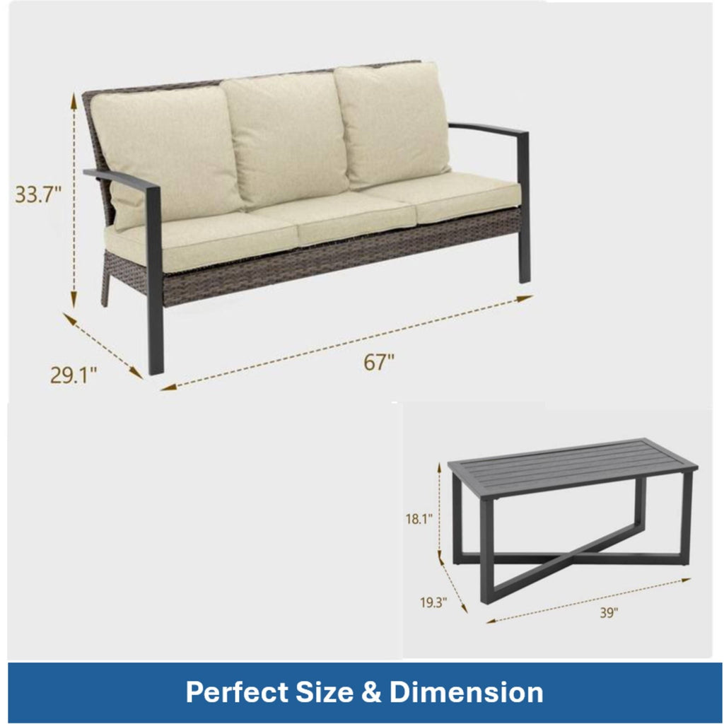 2 Piece Outdoor Patio Set with Cushions & Coffee Table - Gray or Beige