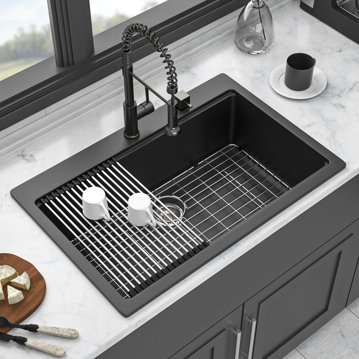 Granite Composite Quartz Kitchen Sink with Workstation - Drop In - Black or White