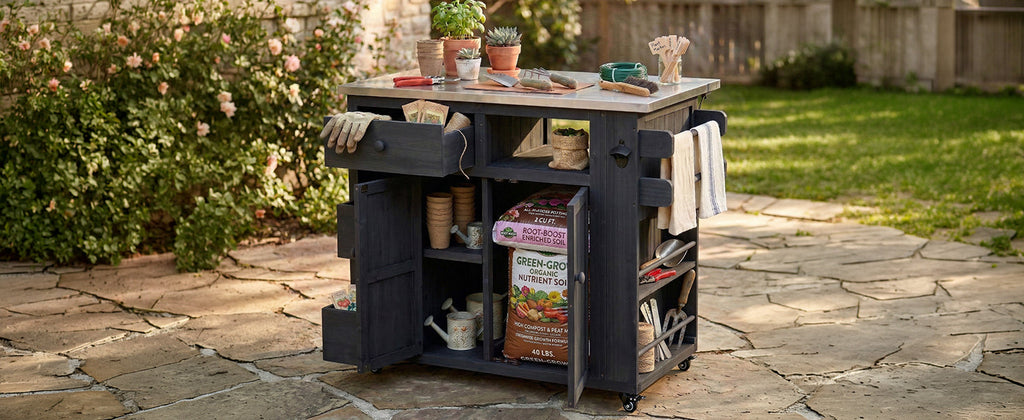 Outdoor Solid Wood Kitchen Island with Extendable Stainless Steel Top - Black, Brown, Gray