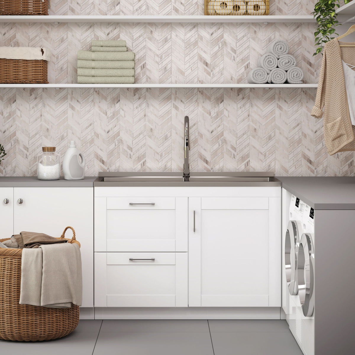 Wide Laundry Cabinet with Faucet and Deep Stainless Steel Sink - White