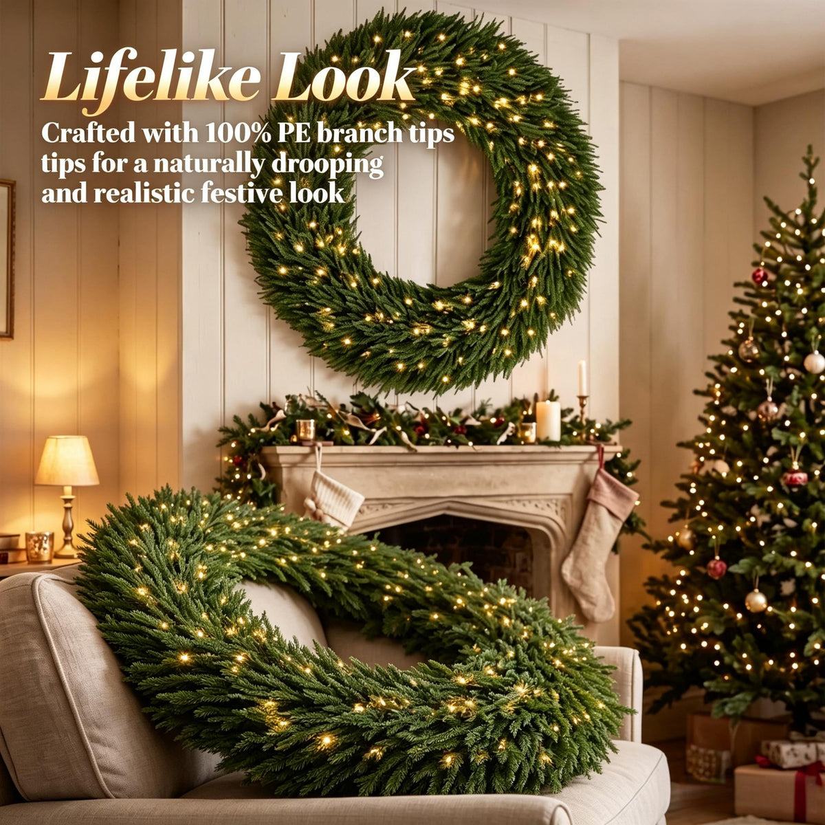 48" Artificial Norfolk Pine Christmas Wreath with LED Lights - Green