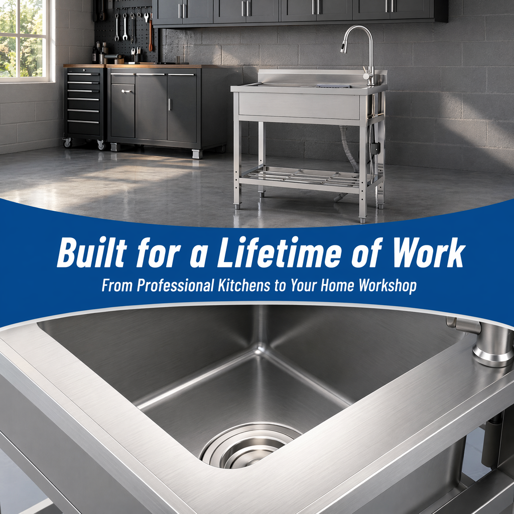 Stainless Steel Utility Sink with Large Compartment & Pull-Out Faucet - Silver