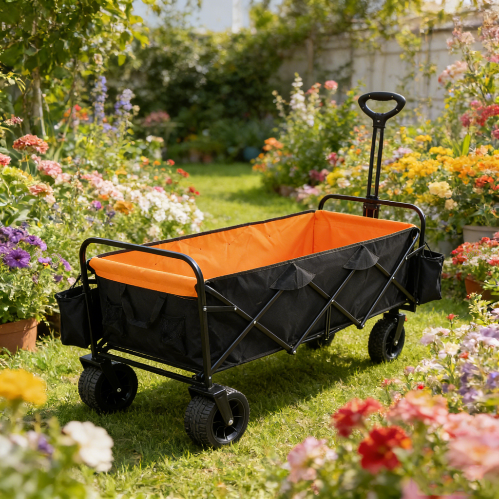 Large Capacity Folding Outdoor Wagon Cart with Extender - Black & Orange
