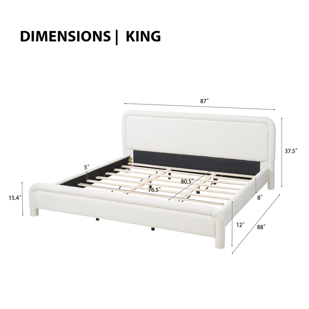 King Size Upholstered Platform Bed Frame with Curved Headboard - Boucle