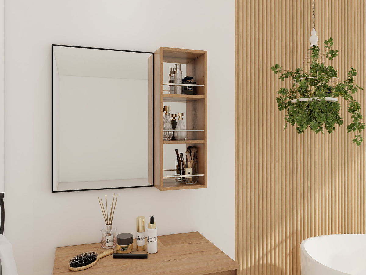 10'' Wall Mounted Bathroom Mirror Cabinet with Open Storage - Imitative Oak