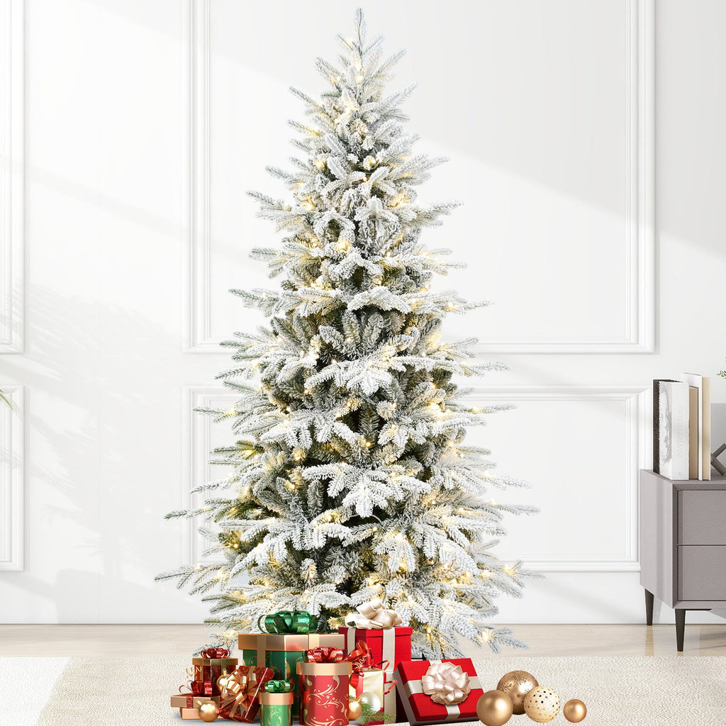 8FT Flocked Artificial Christmas Tree with LED Lights - PE+PVC