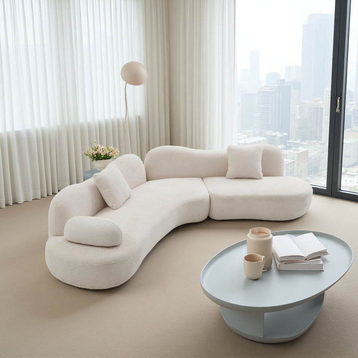 Modern Curved Modular Boucle 5-Seater Sofa with Butterfly Backrest - White