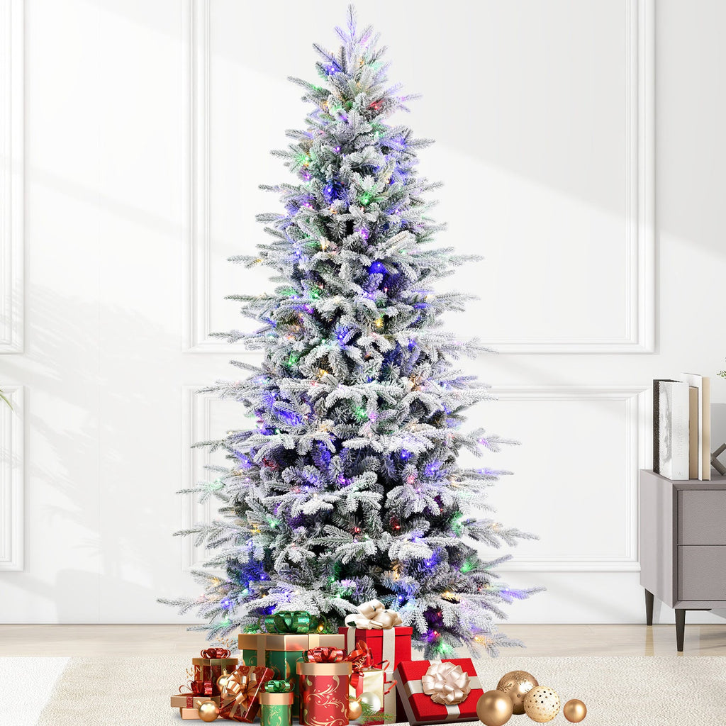 8FT Flocked Artificial Christmas Tree with LED Lights - PE+PVC