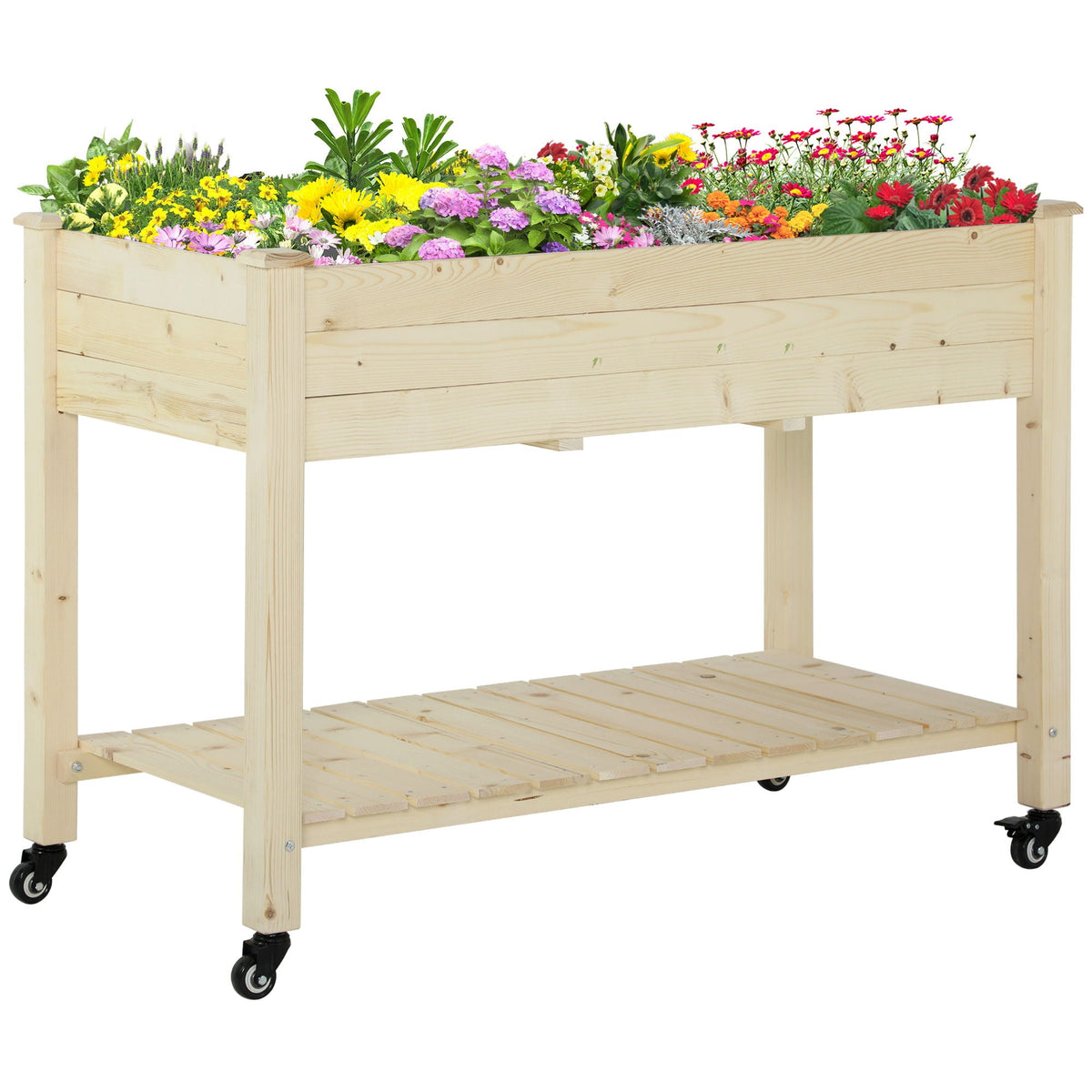 Raised Wooden Planter Box with Lockable Wheels - Natural