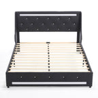 Wingback Upholstered Bed Frame with LED Lights and Charging Station - Black or White