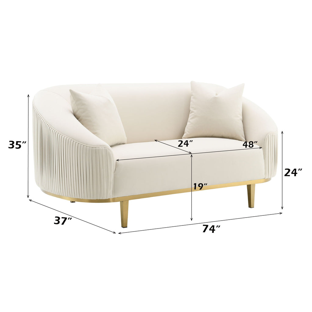 Ivory Loveseat with 2 Pillows and Metal Legs - Velvet Upholstery